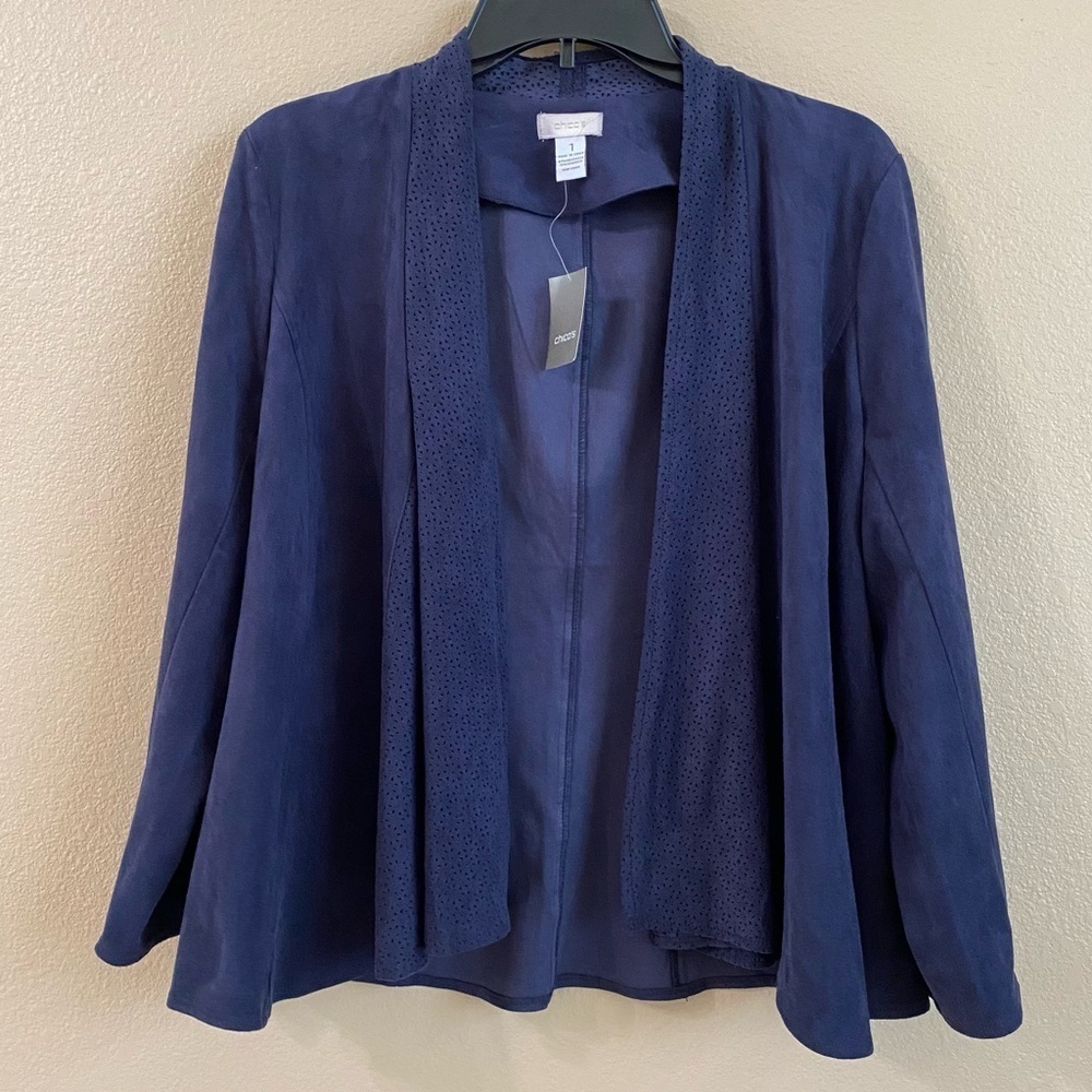 Chicos New Size 1 US M Navy Blue‎ Ink Perforated Faux Suede Drape Front Jacket